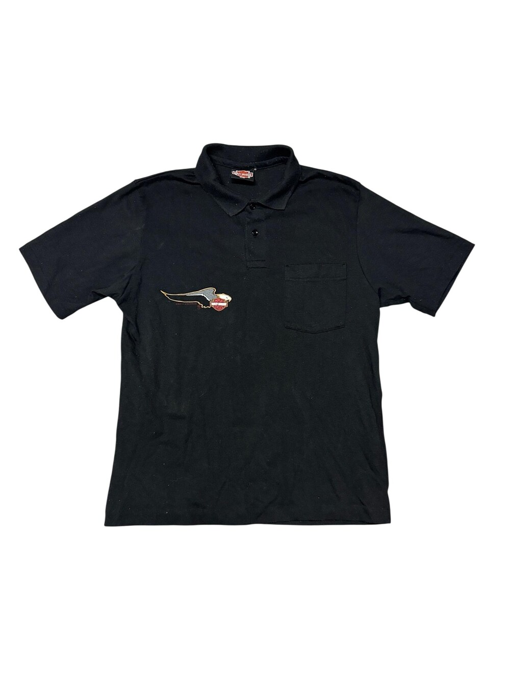 Vintage 80s Harley-Davidson Polo Shirt Mens Medium Black Eagle Graphic Pocket